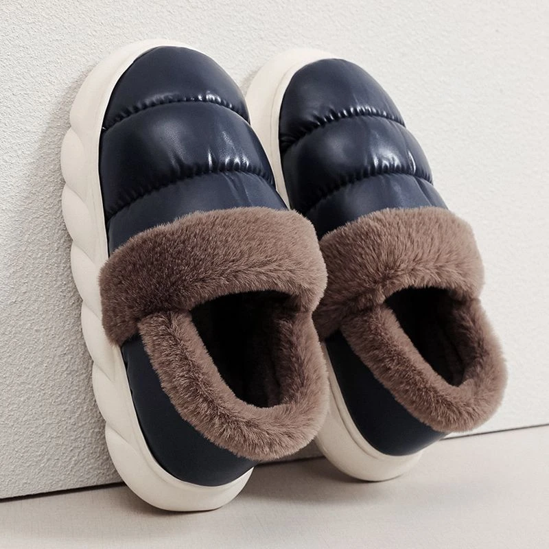 包跟棉鞋厚底冬季男女居家保暖防滑软底防水PU皮加绒棉拖鞋情侣款