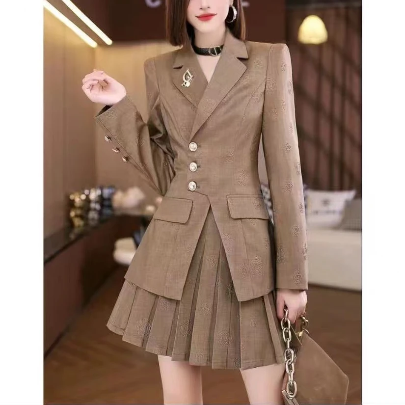 时尚气质收腰显瘦西装外套百褶裙两件套2024新款秋季胖MM遮肉套装