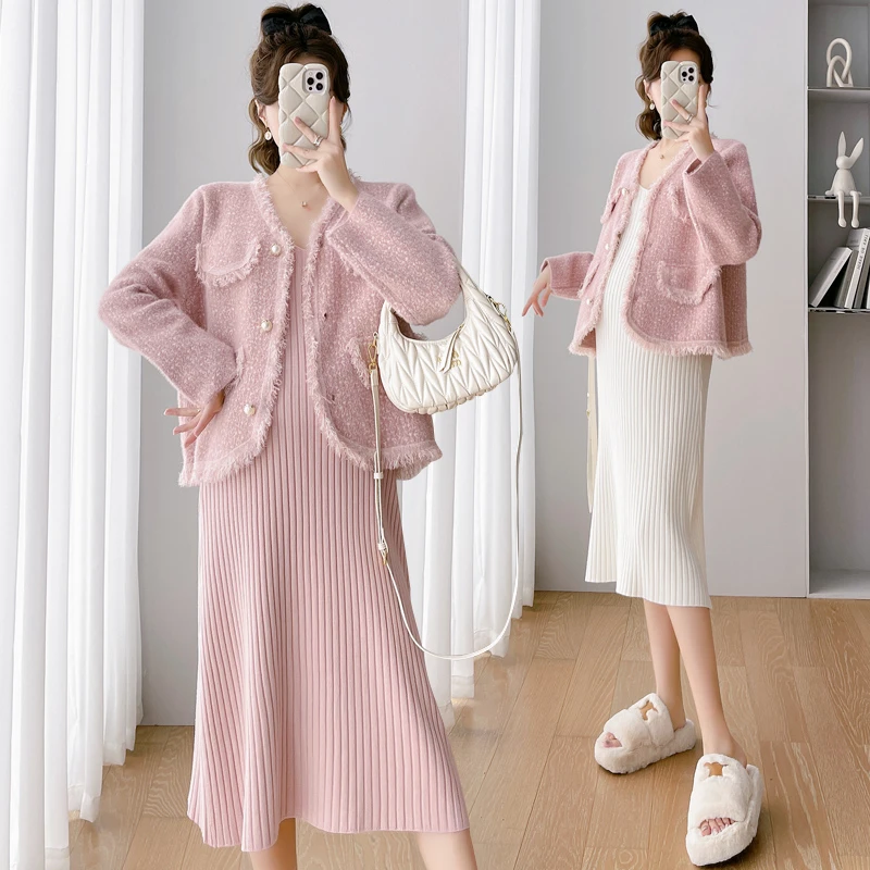 秋季孕妇套装新款小香风针织开衫外套宽松气质吊带裙子毛衣两件套