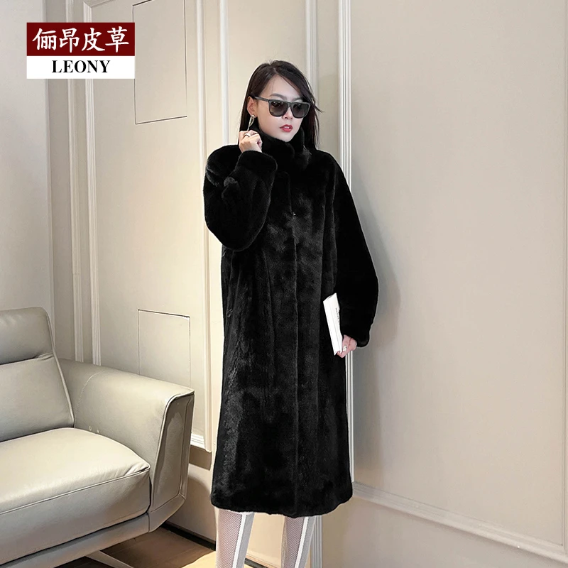 【扬叔推荐】俪昂女士大衣2616冬季长款天鹅绒水貂秋冬款外套 黑