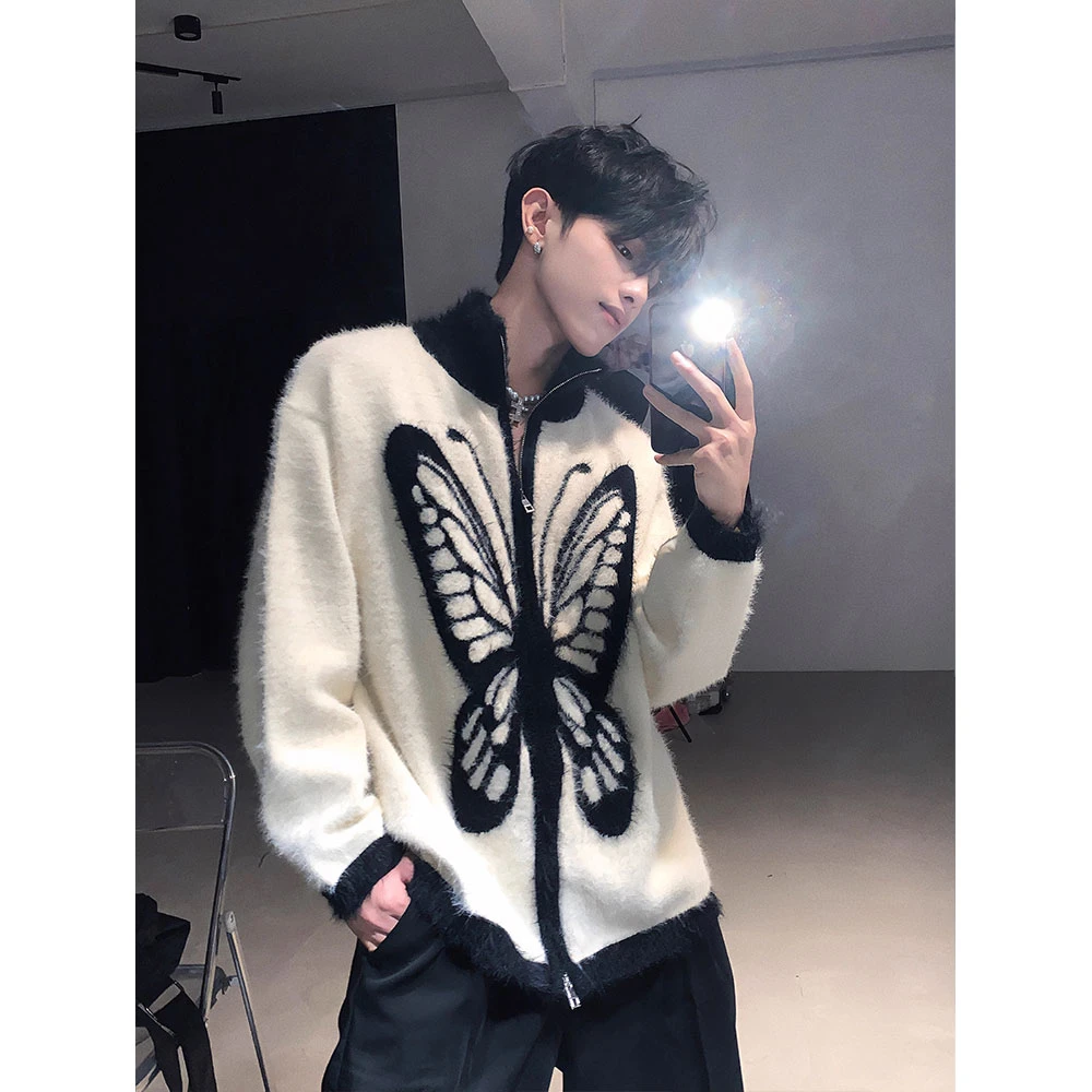 MY348  美式复古高级感蝴蝶重磅毛衣男慵懒风秋冬时髦开衫外套潮