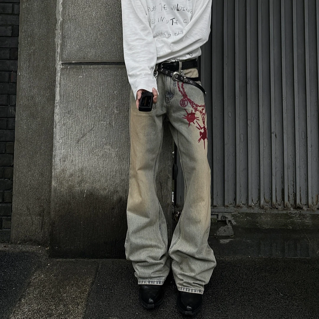 X212 美式复古水洗流星锤男女黄泥染微喇裤子小众做旧休闲牛仔裤