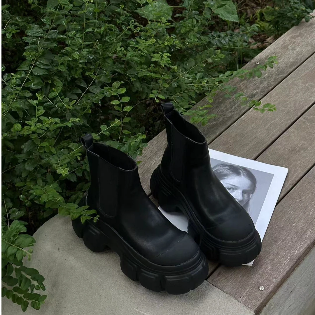 微瑕厚底切尔西靴短靴女松糕底增高圆头瘦瘦靴2359