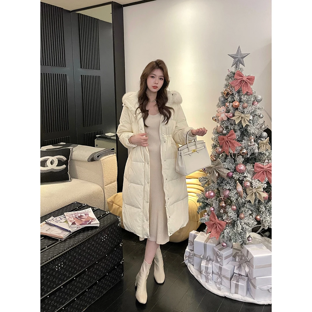 1邱肉瑶清「小欧包」狐狸毛大毛领羽绒服冬季长款连帽白鸭绒外套