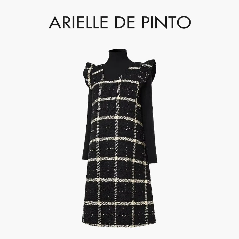 法国 ARIELLE DE PINTO孕妇套装2024秋冬季格子背心裙长袖连衣裙