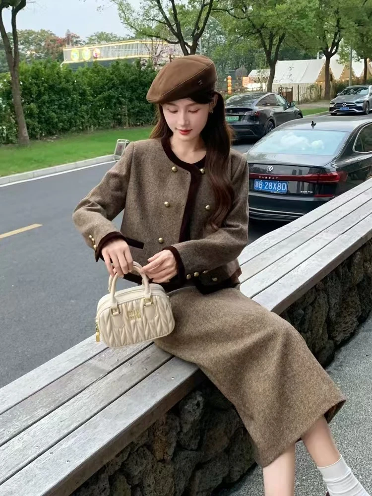 双排扣羊毛呢小香风套装裙女秋季新款名媛短外套半身裙长裙两件套