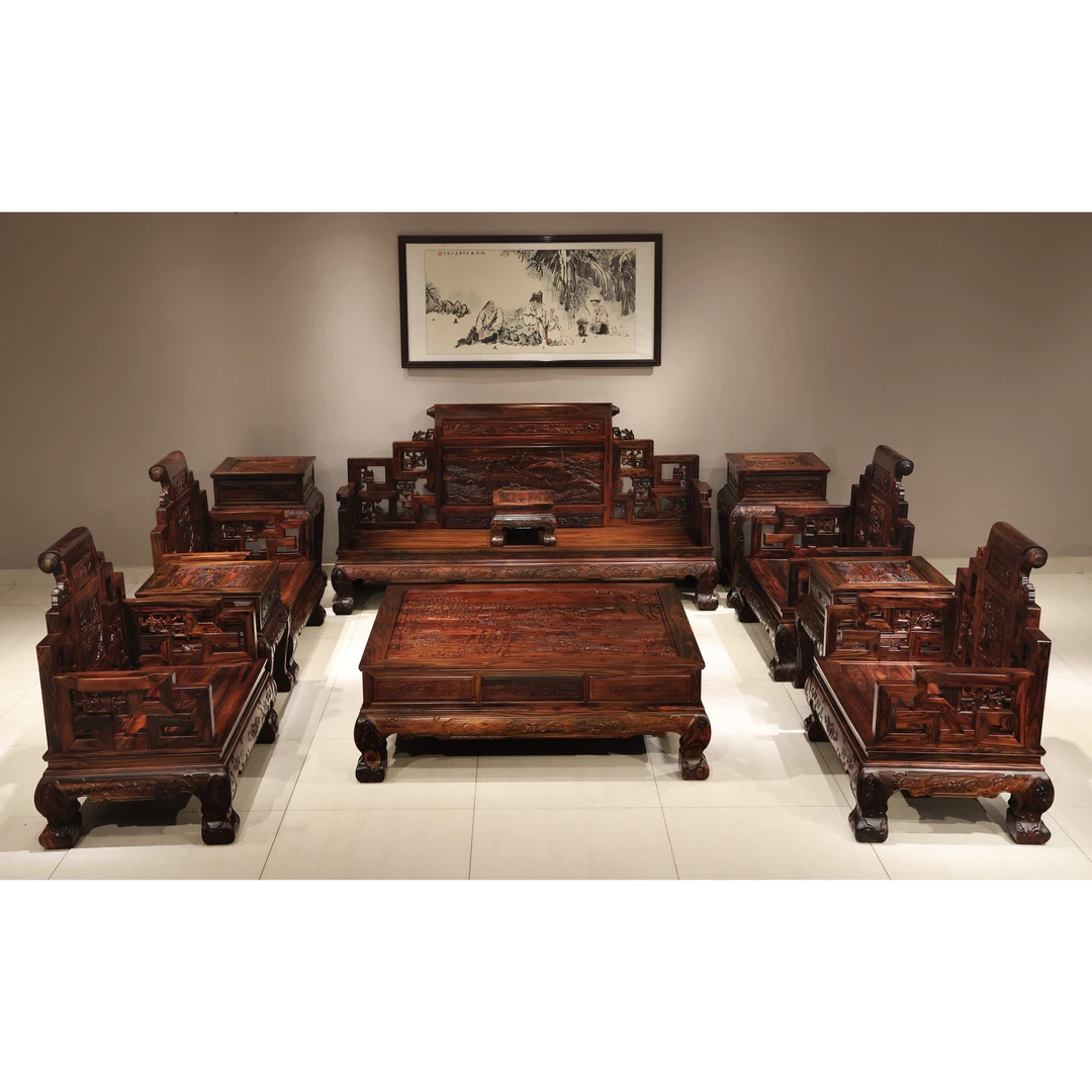 国标红木印尼黑酸枝-古典雕花成套山水宝座传统中国风