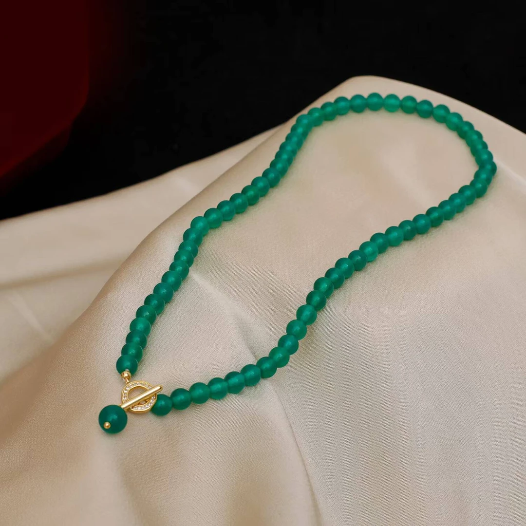 铜合金项链 《货号7088》简约气质绿色珠珠OT扣项链（链长：41cm）