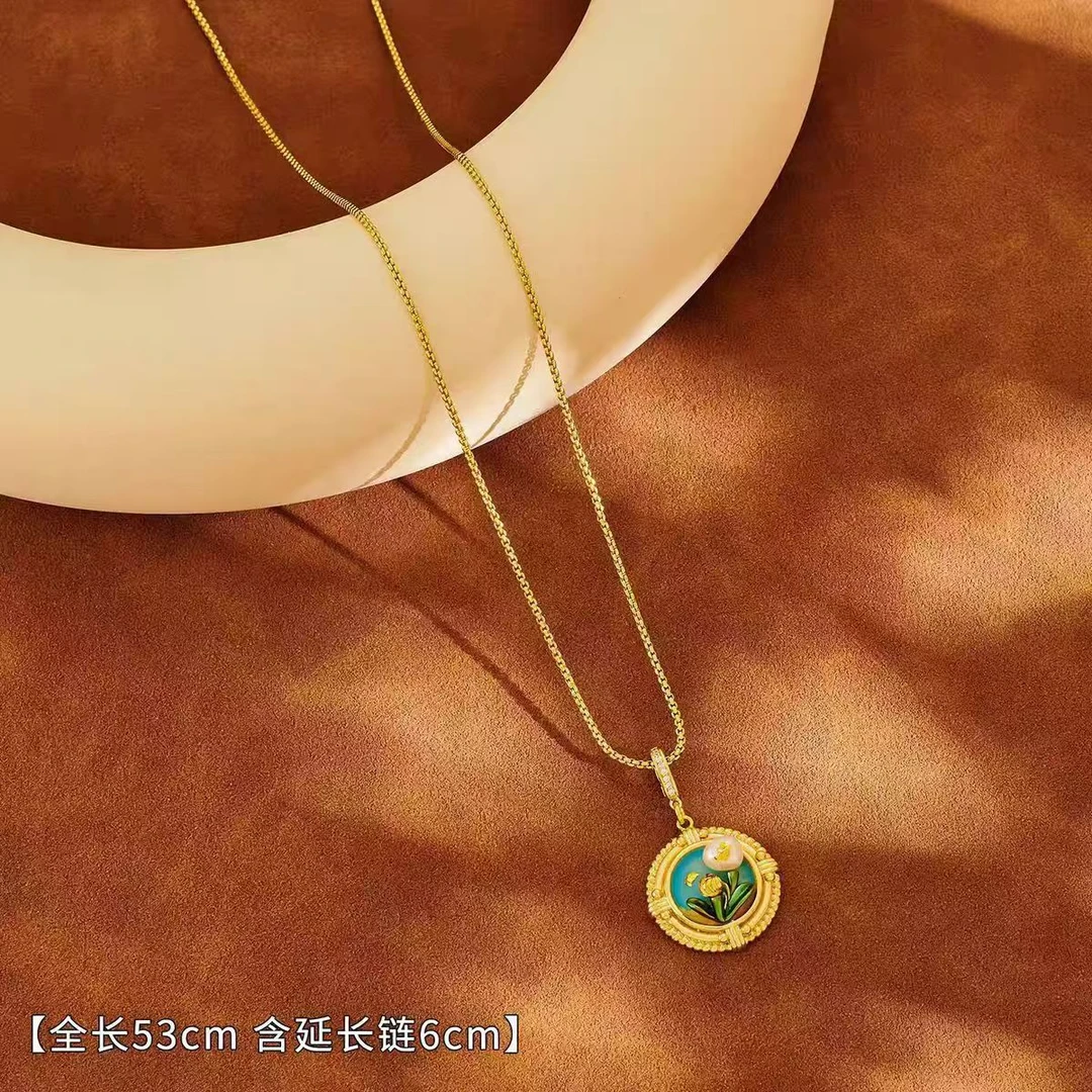 铜合金项链 《货号7832》复古异形珠油画花朵吊坠项链（链长：47+6cm）