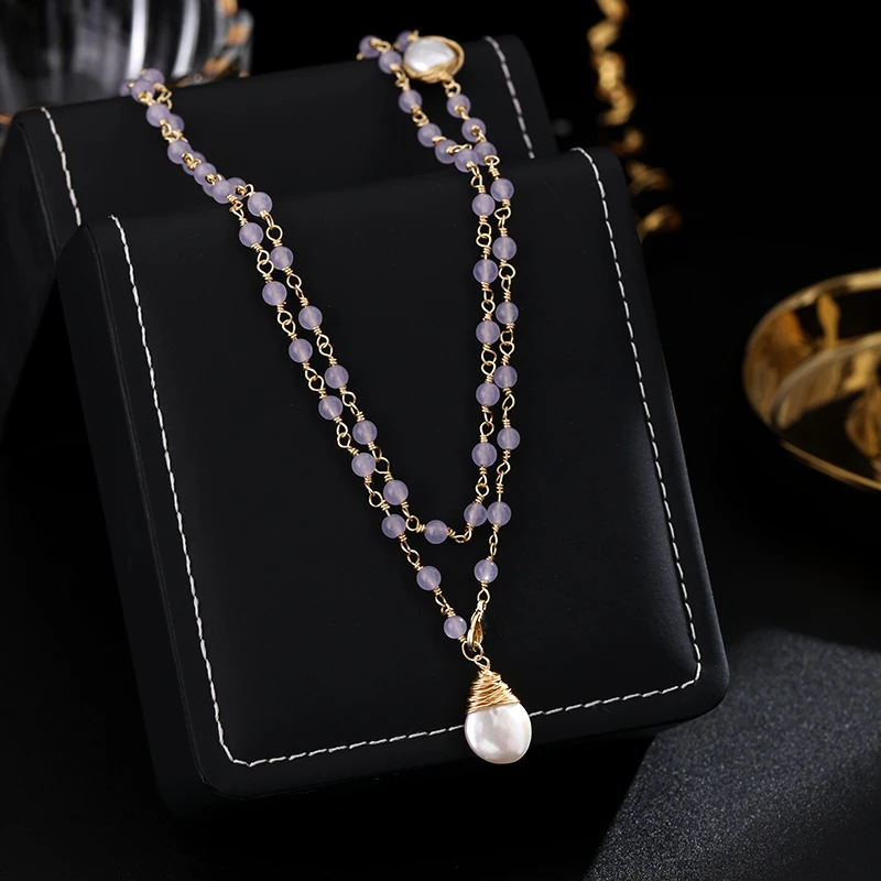 铜合金项链 《货号7502》浅紫微醺珠珠项链（链长：90cm）