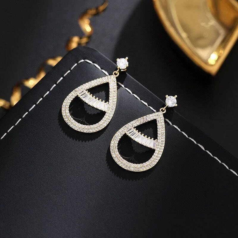 铜合金耳饰 《货号6974》 满镶水滴吊坠耳环