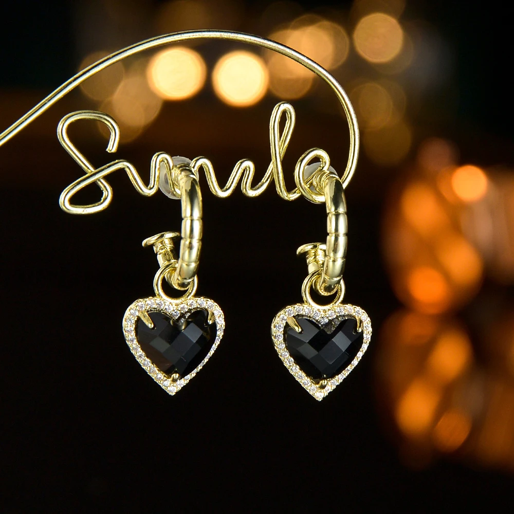 铜合金耳饰 《货号1512》B赫本风轻奢小众黑色爱心吊坠