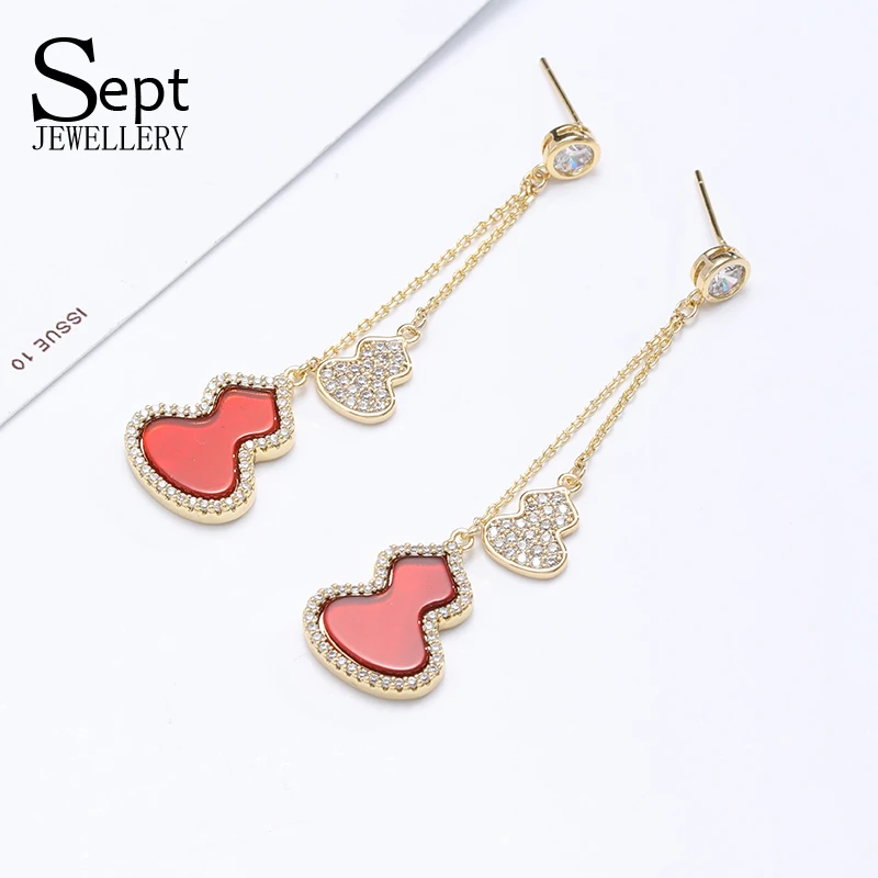 铜合金耳饰 《货号6366》葫芦耳线时尚红色国风轻奢满钻红葫芦