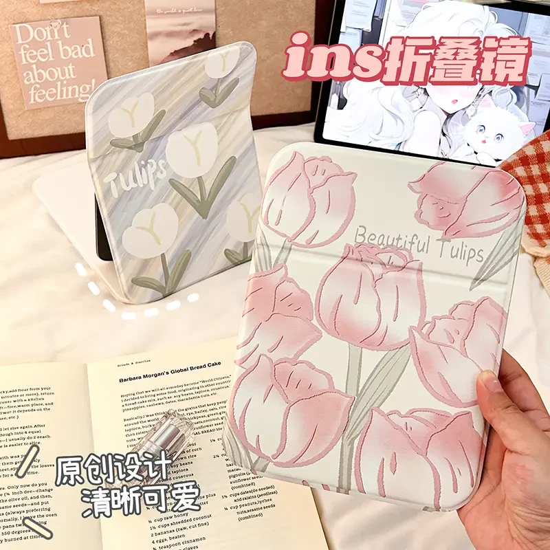 镜子郁金香梳妆台折叠镜高颜值女生宿舍化妆镜学生随身便携大镜子