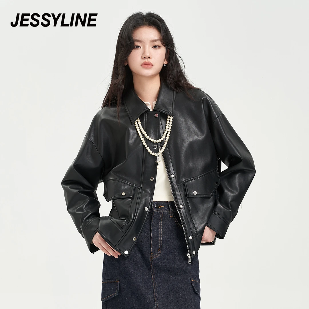 jessyline 秋季新款杰茜莱废土风外套机车服皮夹克PU甜酷秋冬