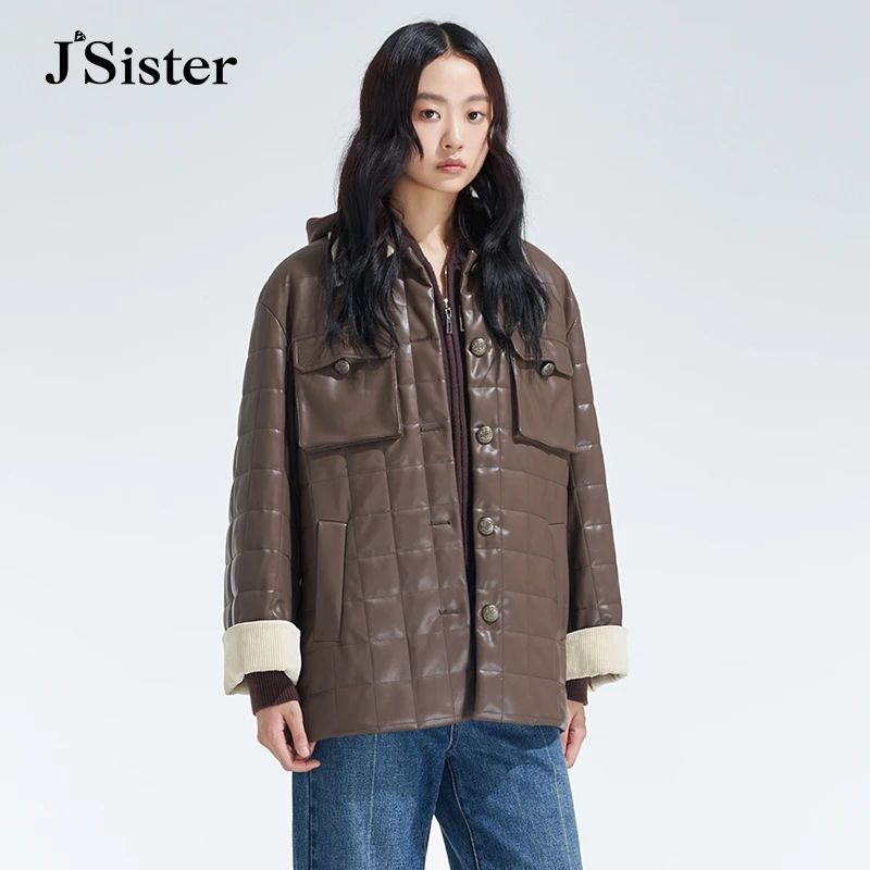 jsister 秋装新款 JS女装时尚咖色拼接流行皮外套 S344207398