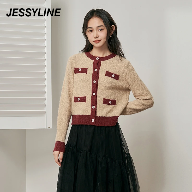 jessyline秋装新款 杰茜莱时尚洋气减龄短款针织开衫女毛衣潮