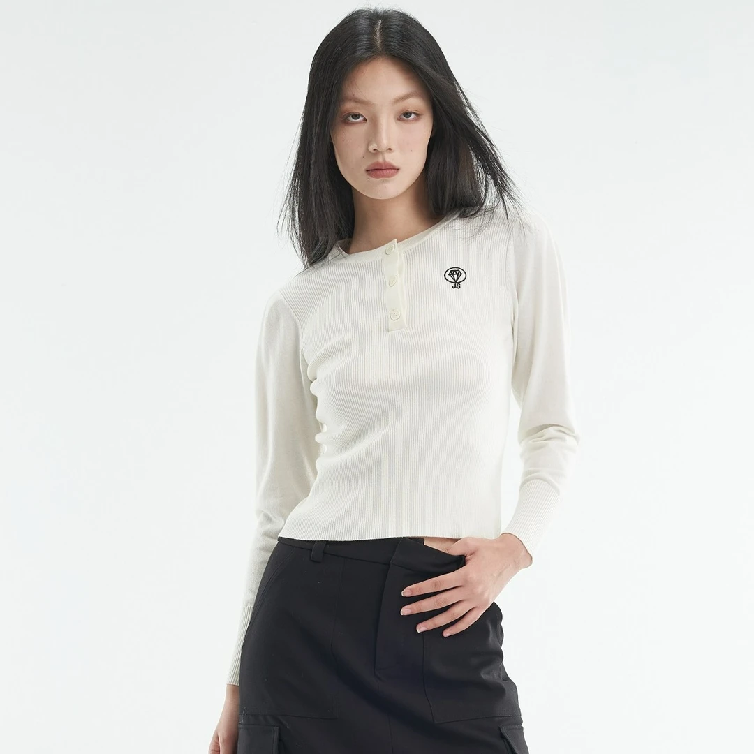 Jsister秋季新款JS简约白色通勤针织衫打底衫肌理感T恤长袖女