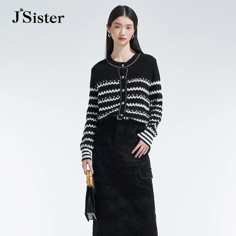 jsister 秋装新款 JS女装时尚黑白色洋气针织开衫 S345204459