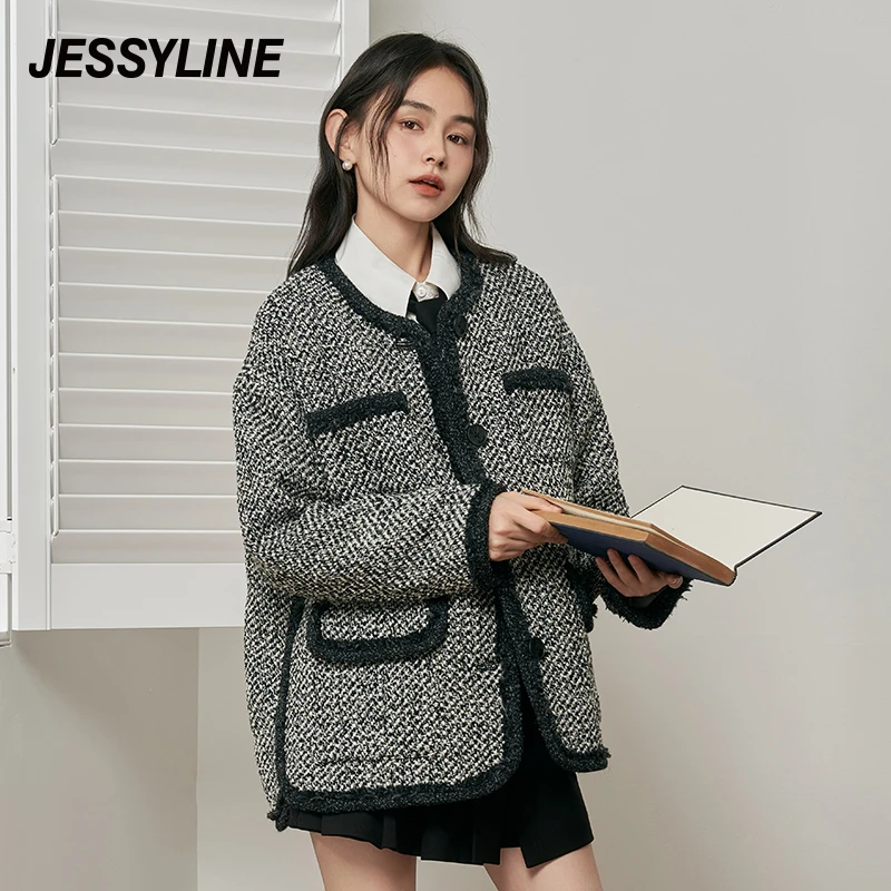 jessyline杰茜莱秋新中长款黑白色气质高级感v领百搭外套女潮