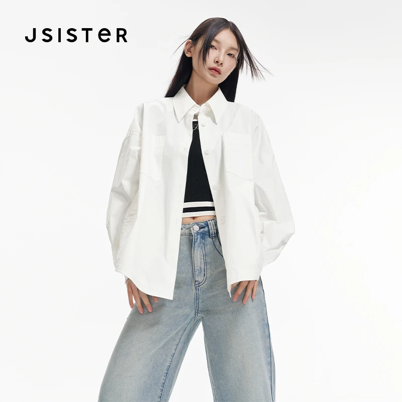 jsister 年春季新品 JS女装时尚白色直筒休闲风衬衫薄荷曼波