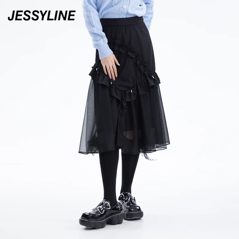jessyline早春新款杰茜莱黑色a字中长款半身裙纱裙女装半裙时尚