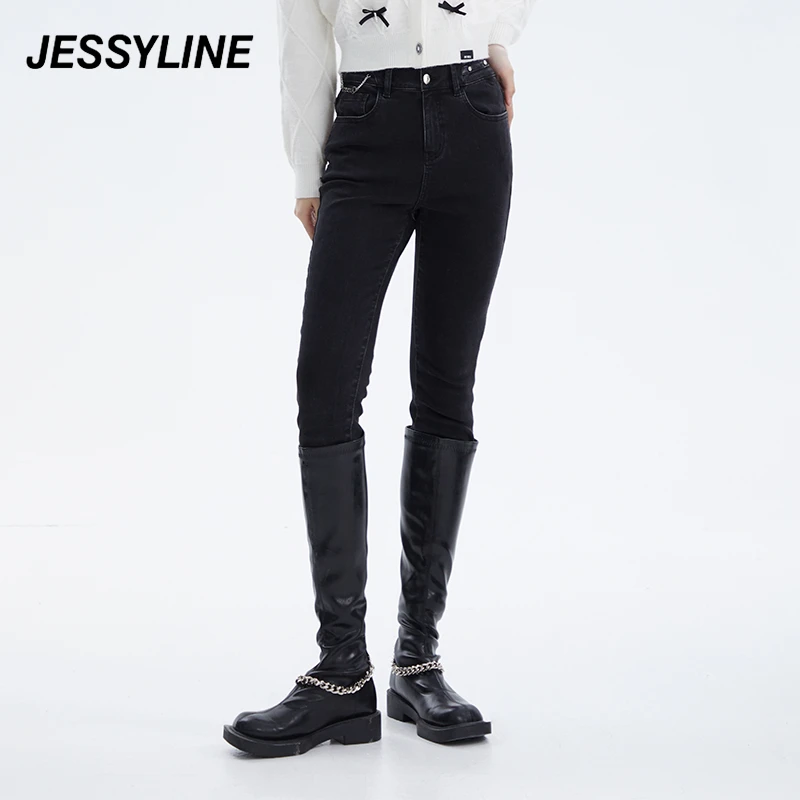 jessyline秋季新款杰茜莱黑色牛仔裤女弹力显瘦时尚秋冬搭配百搭