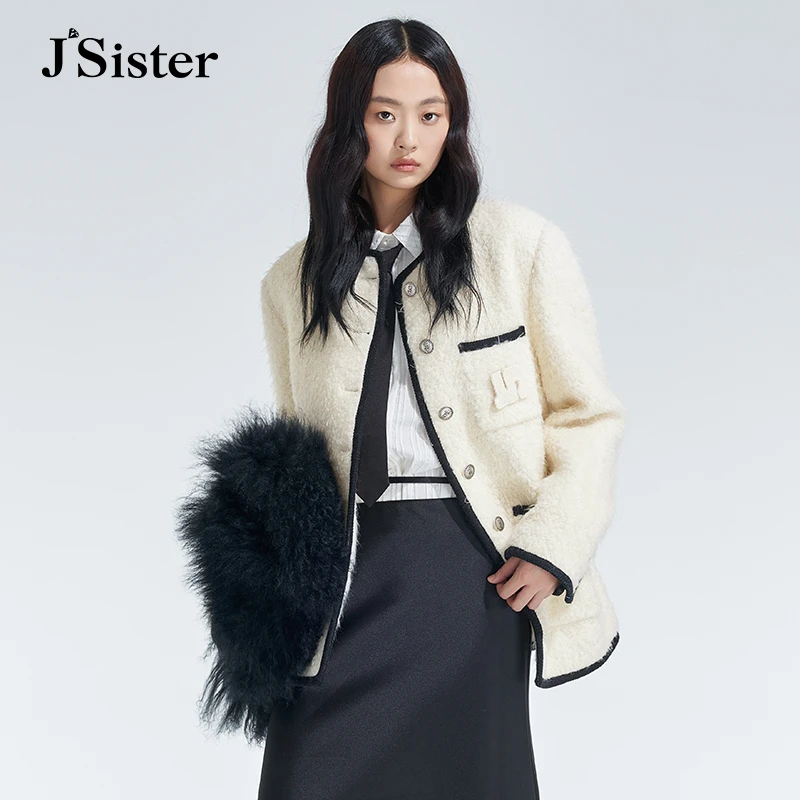 jsister 秋装新款 JS女装时尚米白毛呢流行外套潮 S343107119