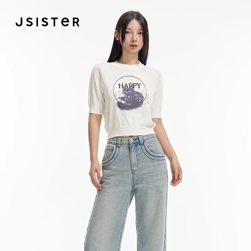 Jsister 春夏新款 JS简约白色针织衫短袖T恤女猫咪薄荷曼波