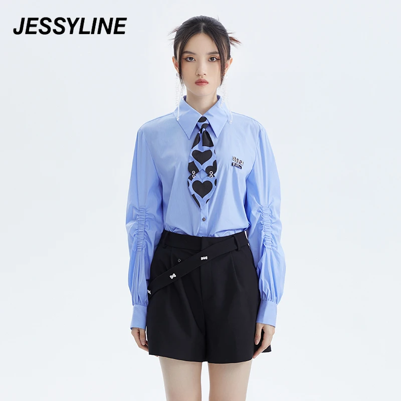周洁琼同款 jessyline杰茜莱 秋季新款蓝色衬衫领带长袖气质百搭