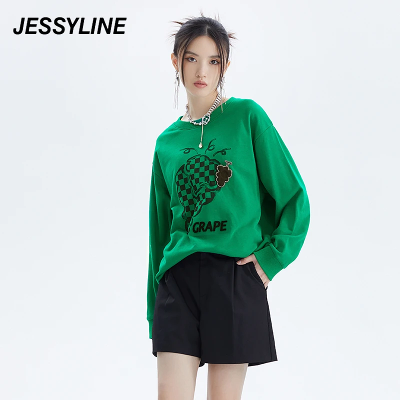 jessyline 早春新款杰茜莱休闲绿色宽松套头卫衣女长袖上衣时尚
