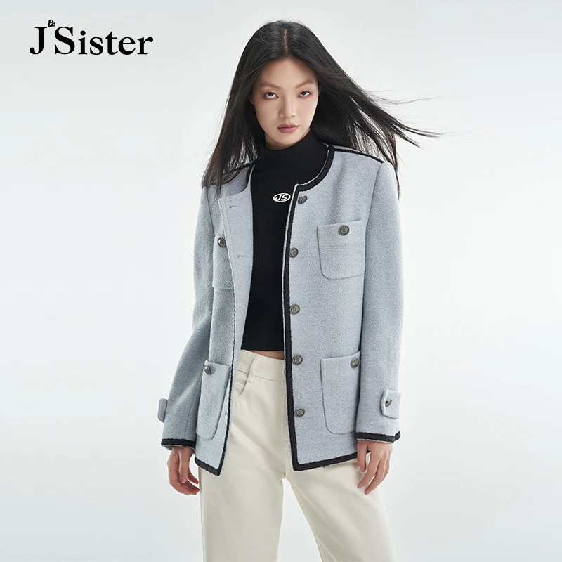 Jsister 秋季新款 JS雾霾蓝毛呢外套中长款明线挺括典雅