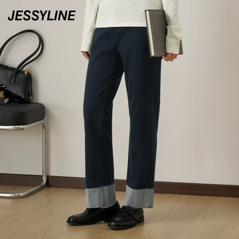 jessyline2025秋季新款 杰茜莱直筒翻边牛仔裤女潮 434110272