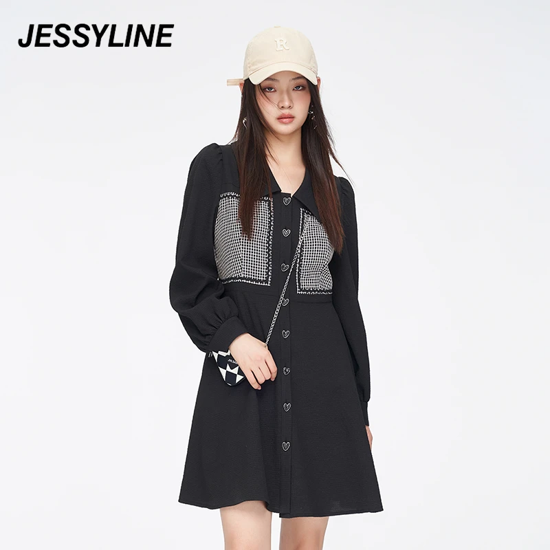 jessyline秋新款 杰茜莱黑色拼接衬衫连衣裙时尚