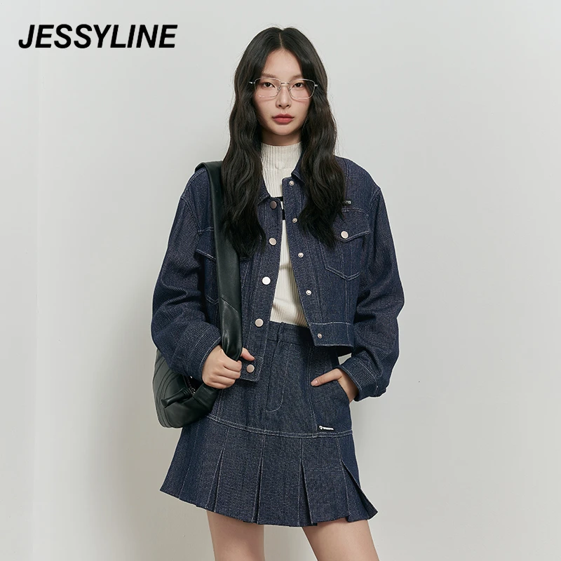 jessyline秋装新款 杰茜莱时尚百搭蓝色甜酷短款牛仔小外套女