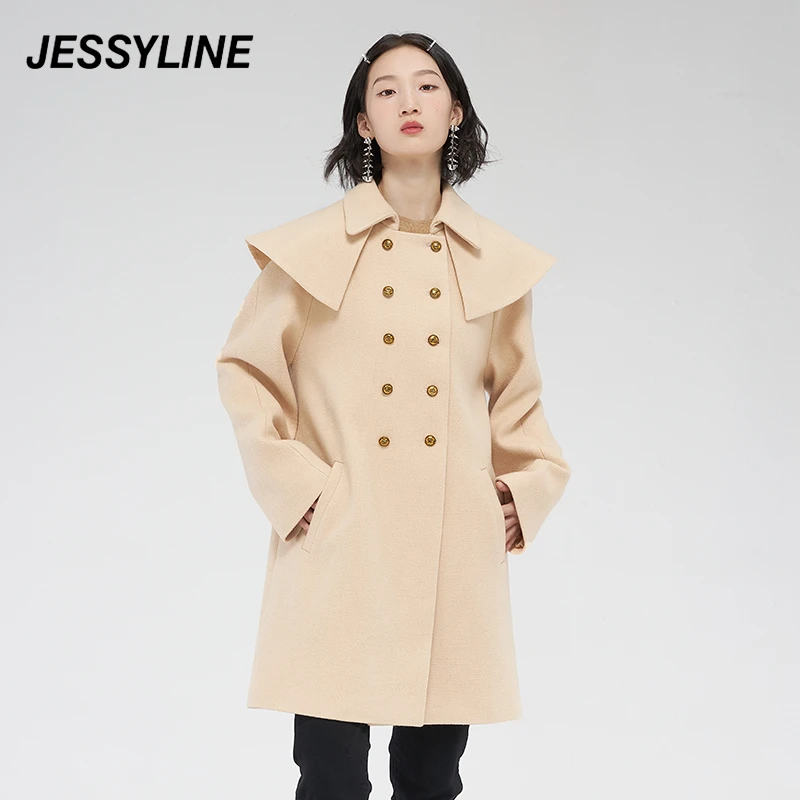 jessyline 冬季新品杰茜莱米黄色外套中长款大衣驼色经典时尚女士