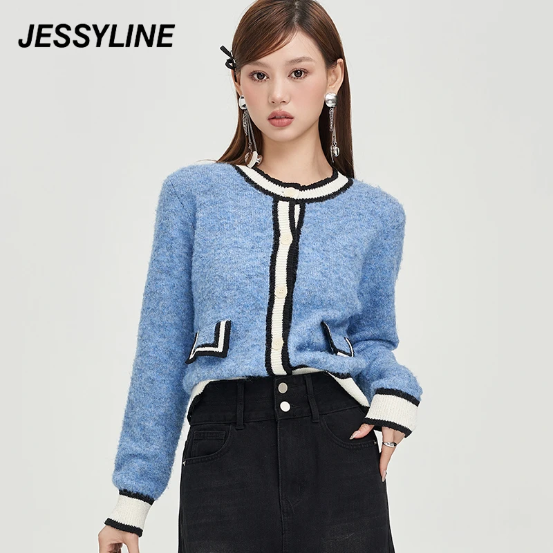 jessyline 杰茜莱时尚蓝色针织开衫女 332204105秋季新款