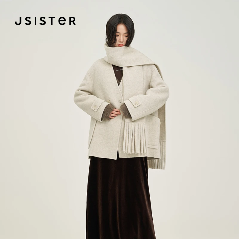 jsister 秋季新款 JS女装时尚简洁V领短款大衣S434205228