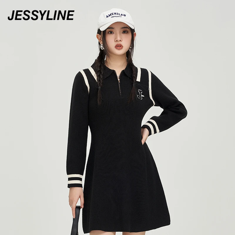jessyline 杰茜莱黑色修身显瘦连衣裙秋季新款