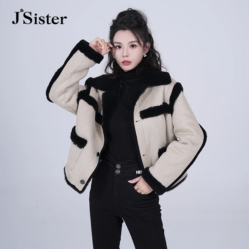 Jsister2023冬季新款毛呢外套热力感穿搭拼接翻领通勤OL防寒保暖