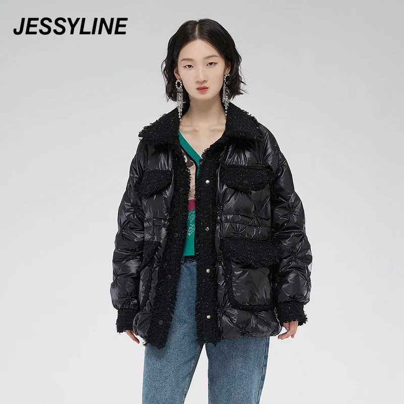jessyline 羽绒服冬季新品杰茜莱黑色休闲拼接女款