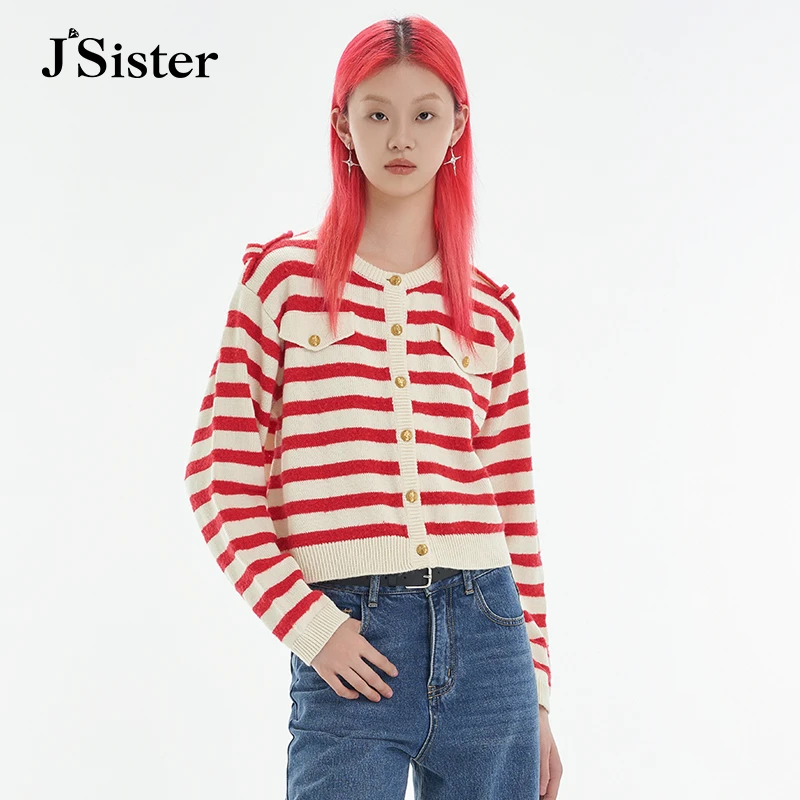 jsister 秋装新款 JS女装时尚红白条纹针织衫 S332204133