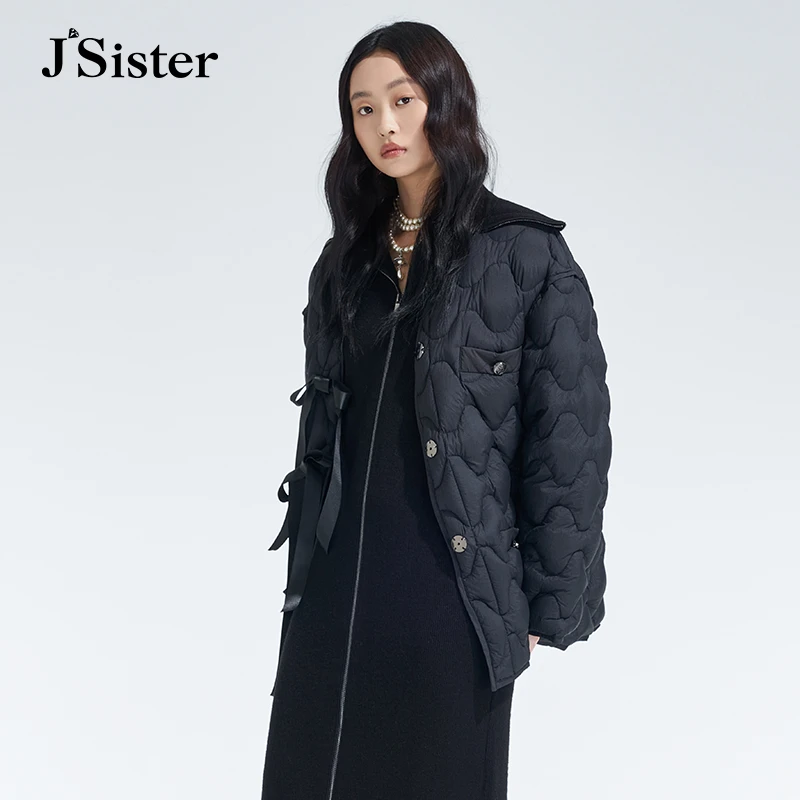 jsister 冬装新款 JS女装时尚黑色系带流行羽绒服 S343108128