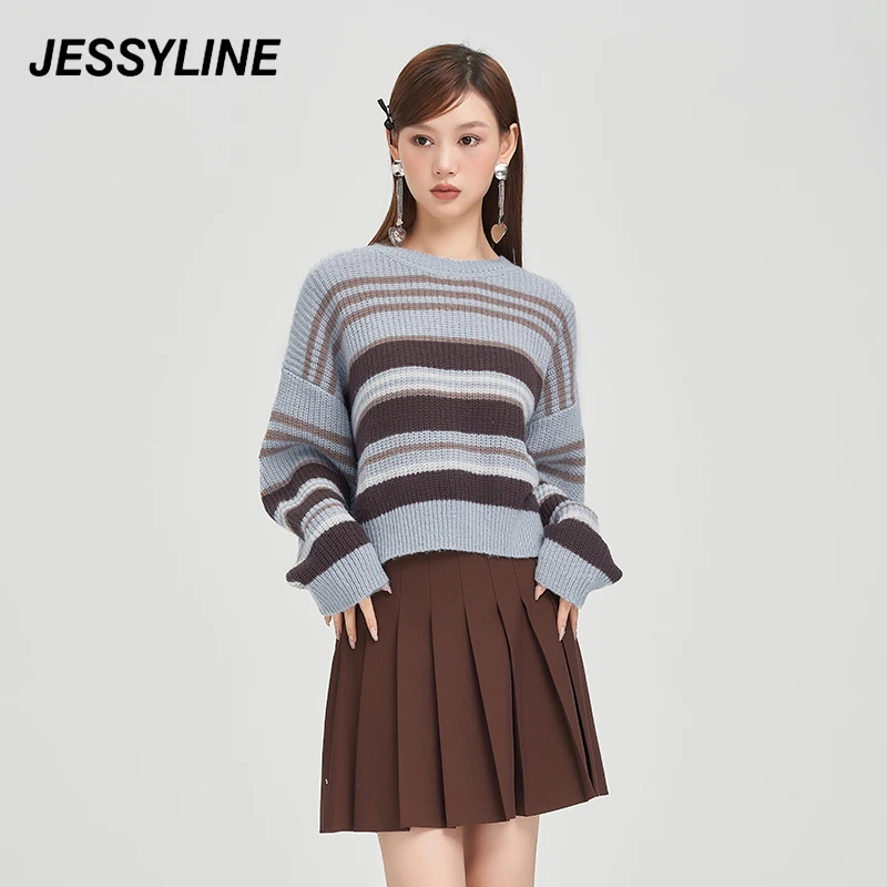 jessyline 杰茜莱宽松条纹短款针织衫24K龙年穿搭秋季新款
