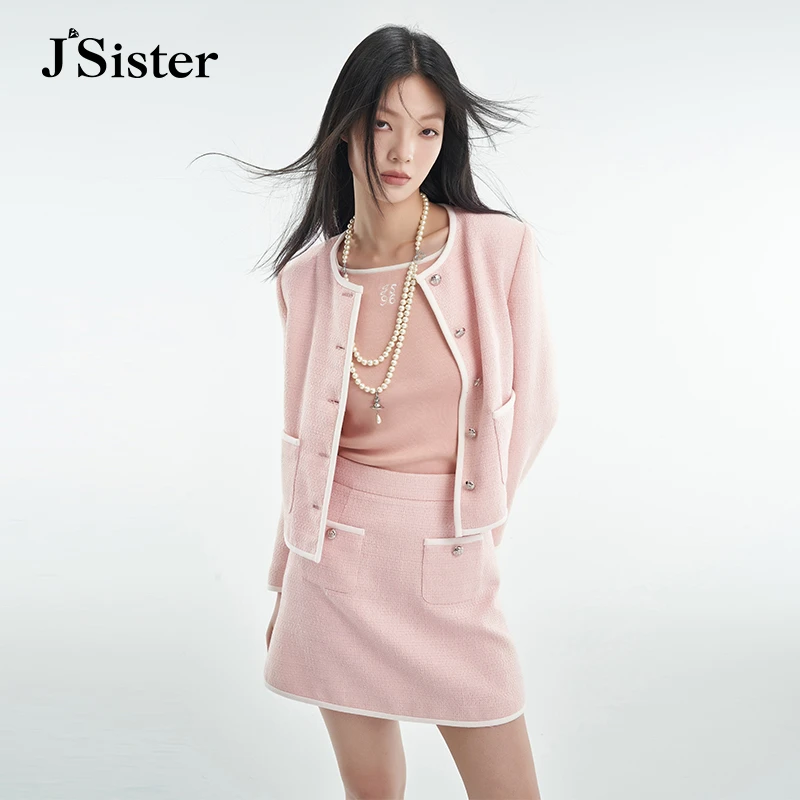 jsister 秋季新品JS女装粉红拼色包边小香风外套
