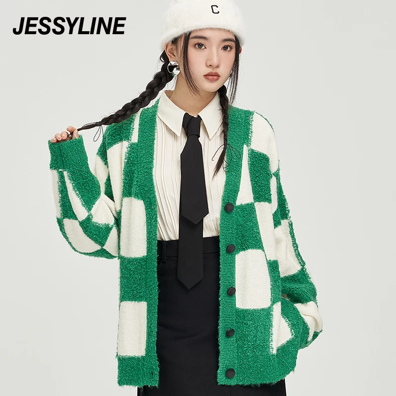 jessyline秋季新款女装 杰茜莱绿色格子v领针织衫 341104258