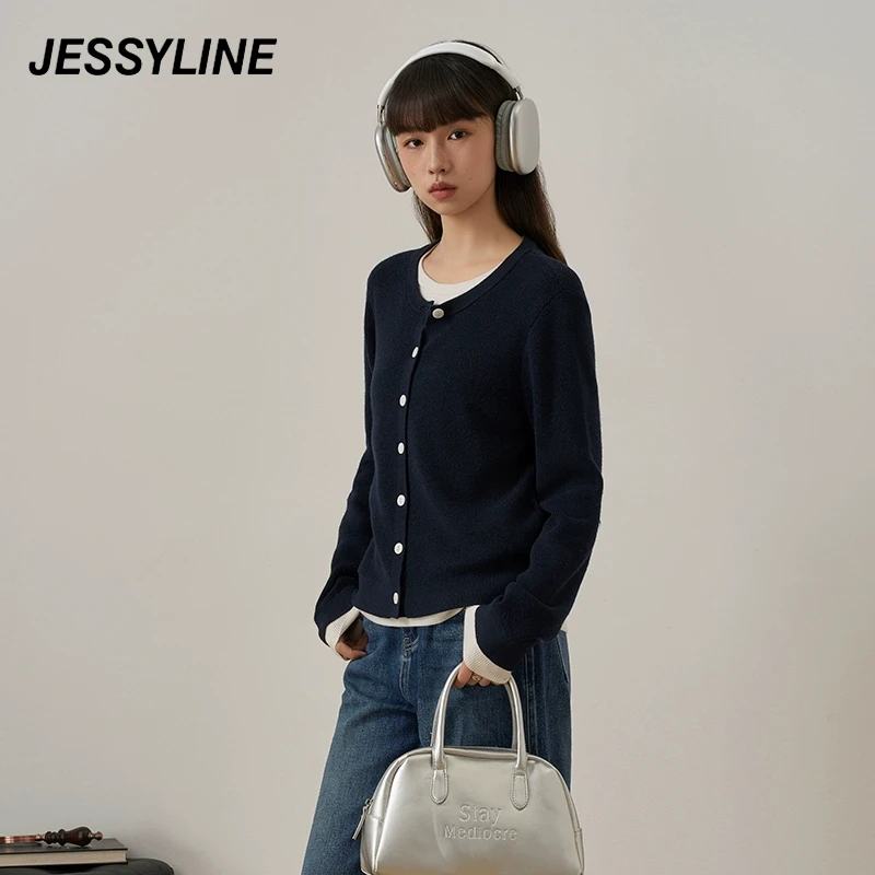 jessyline春季新款 杰茜莱假两件针织开衫毛衣 433204215