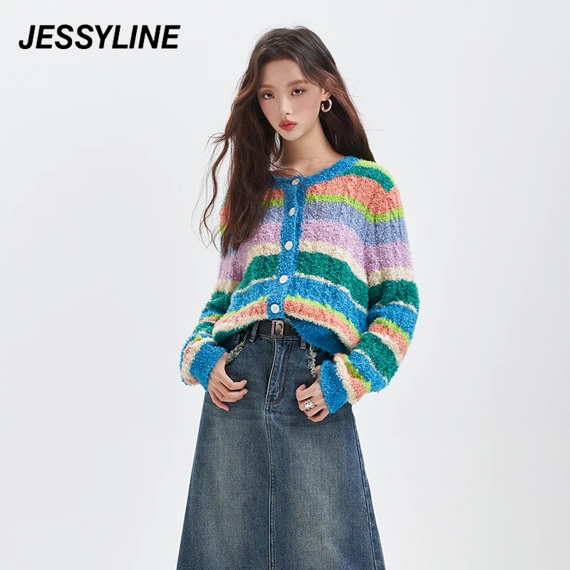 jessyline秋季新款女装 杰茜莱彩色条纹针织开衫女 344104171
