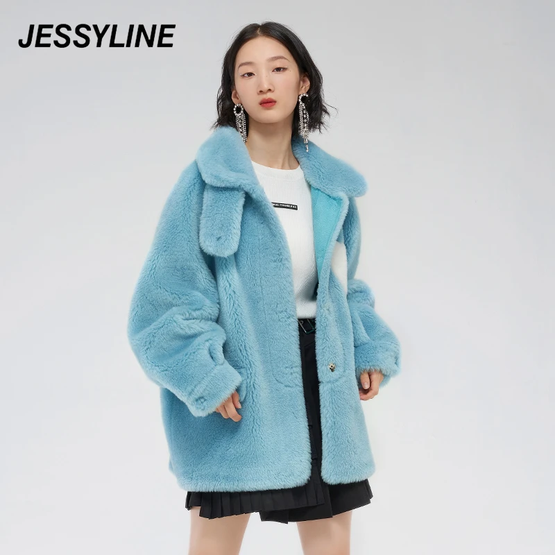 冬季新品 杰茜莱时尚蓝色爱心拼贴立领纯绒外套女jessyline女款