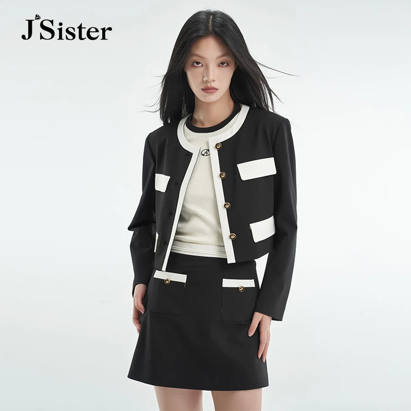 jsister 秋季新品 JS女装时尚撞色小香风权力无领短款外套